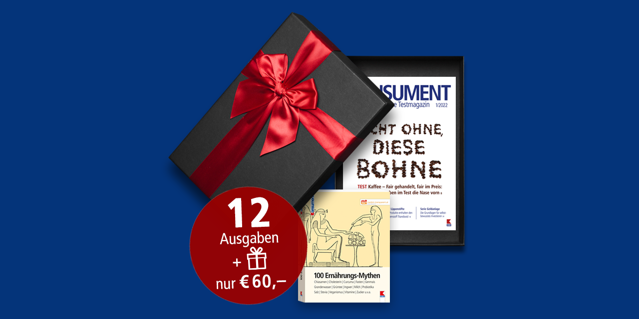 Die Jänner-Ausgabe unseres KONSUMENT-Hefts in einem Geschenk-Paket und Informationen zum Geschenk-Abo.