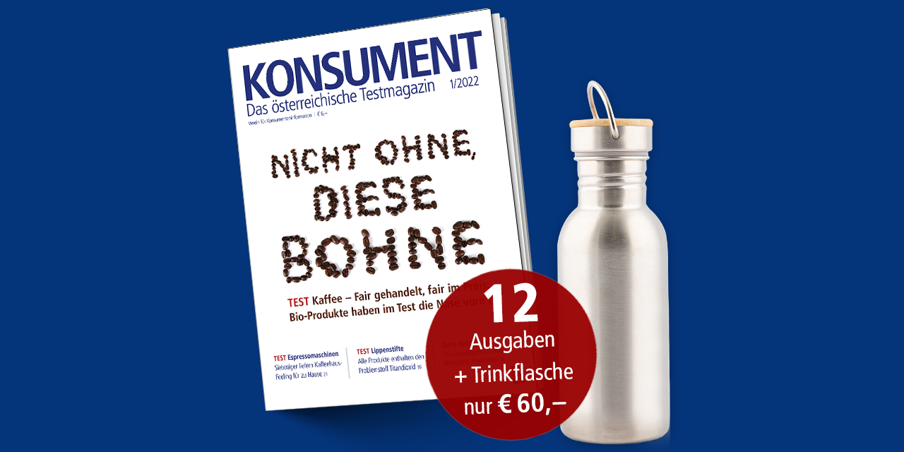 Die Jänner-Ausgabe unseres KONSUMENT-Hefts mit Doras Trinkflasche und Informationen zum Print-Abo.