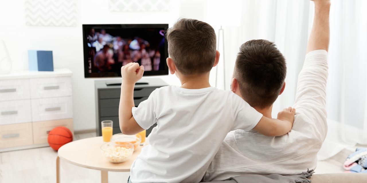 Vater und Sohn jubeln vor dem TV-Gerät