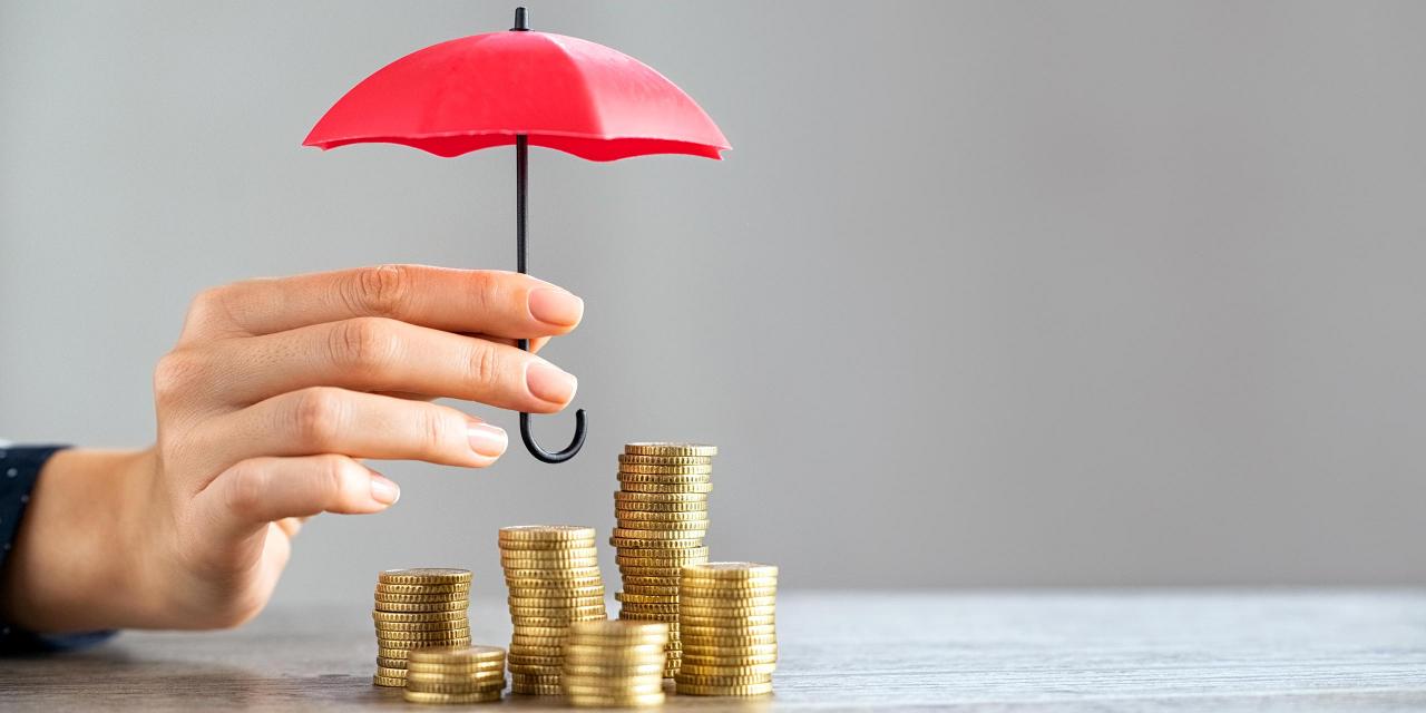 Ein Regenschirm beschützt und beschirmt einen Stapel Geld