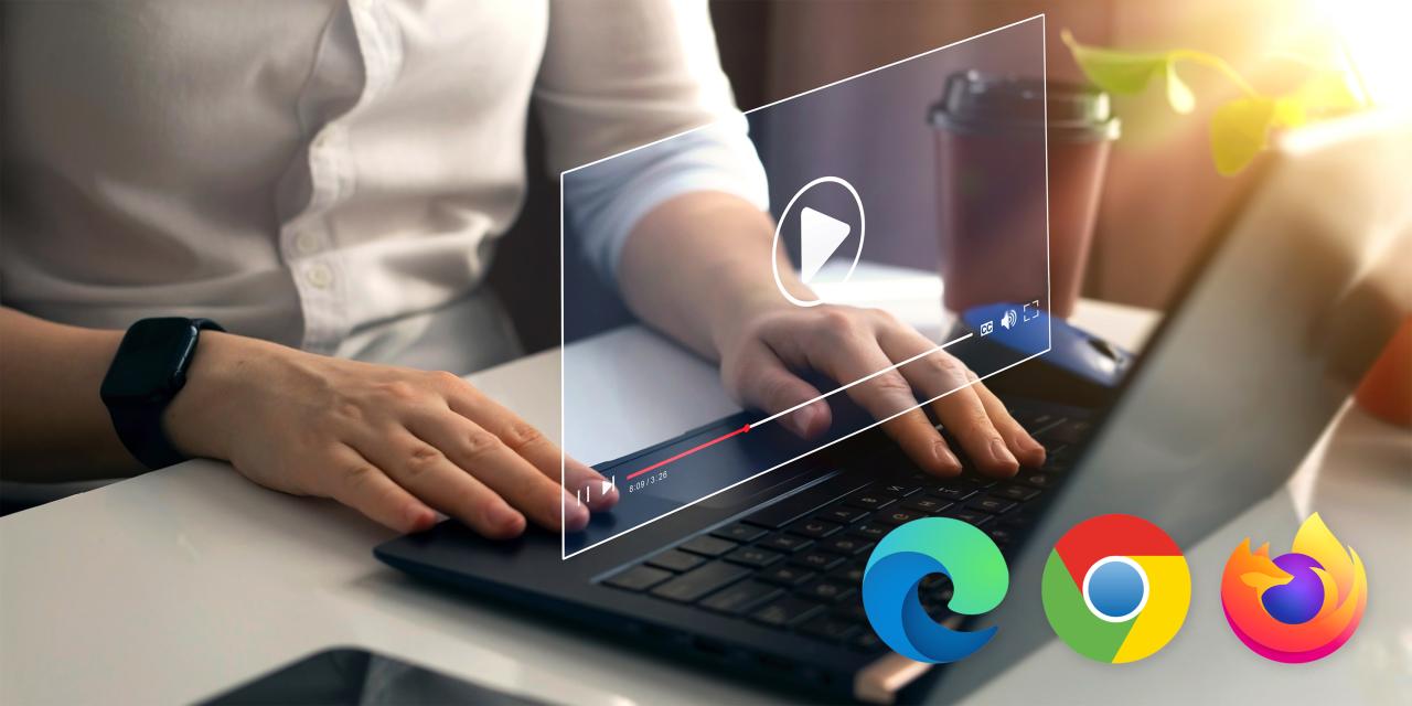 Frau sitzt vor Laptop, darüber transparentes Video Fenster mit Play-Buttun und Symboel von Microsoft Edge Google Chrome Mozilla Firefox