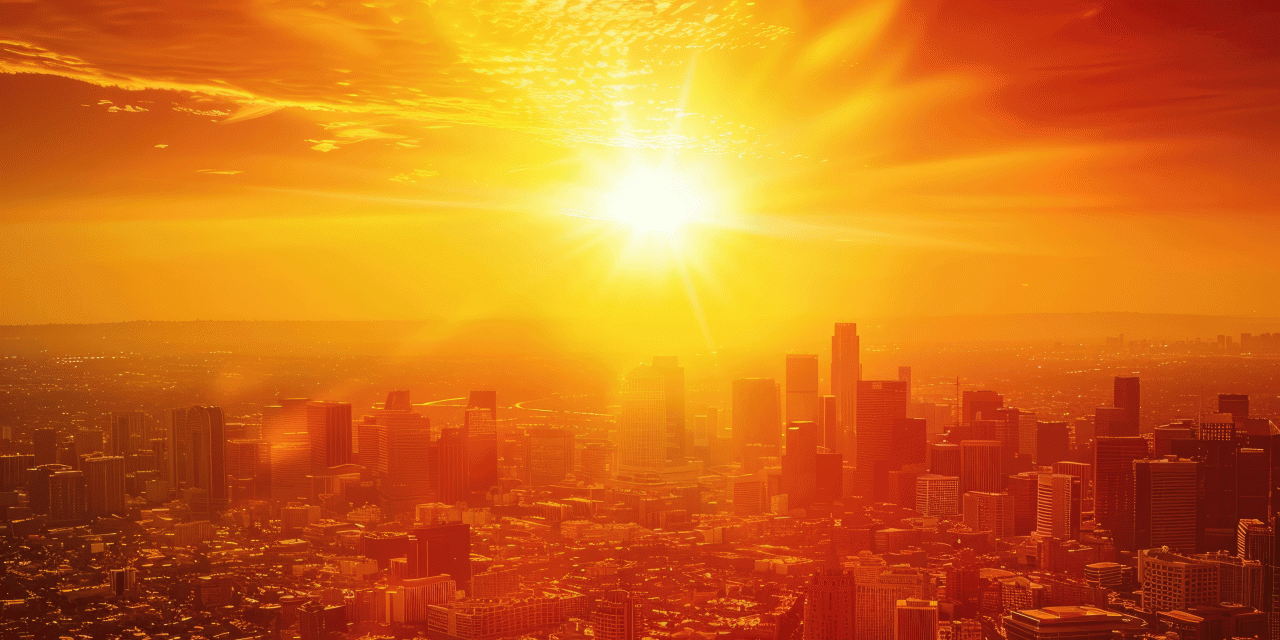 Skyline einer fiktive Stadt, große Hitze, viel Sonne