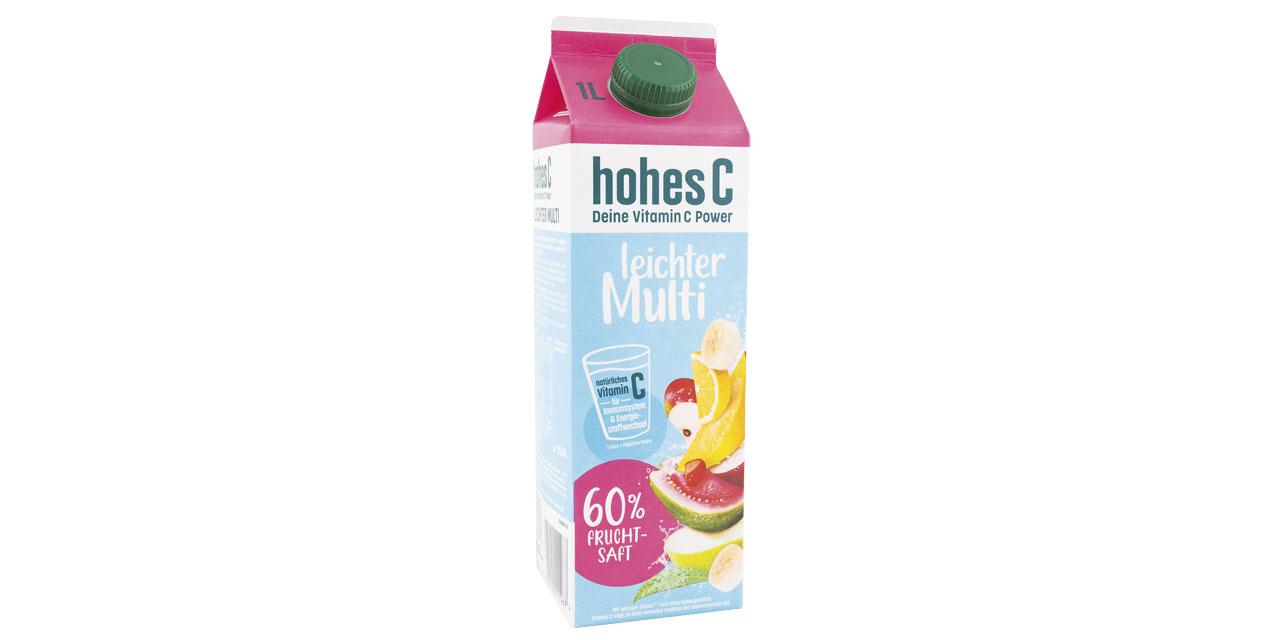 Ein Tetra-Pack Hohes C Leichter Multi in blauer und pinker Verpackung vor weißem Hintergrund. 