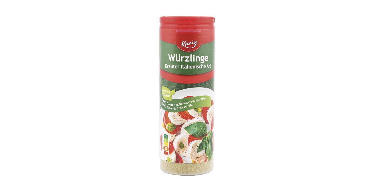Eine Streudose Kania Würzlinge Kräuter Italienische Art in grün mit rotem Deckel und abgebildetem Tomate Mozarrella vor weißem Hintergrund