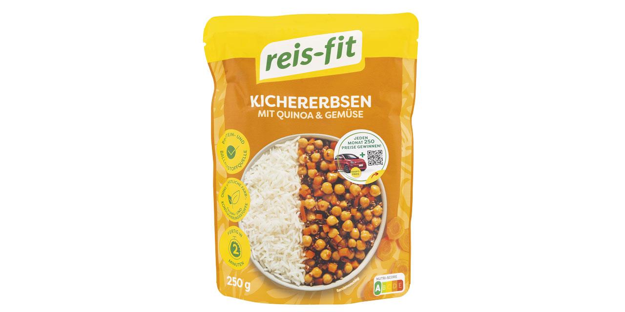 Eine Packung Kichererbsen mit Quinoa & Gemüse in orangem und gelbem Design vor weißem Hintergrund.