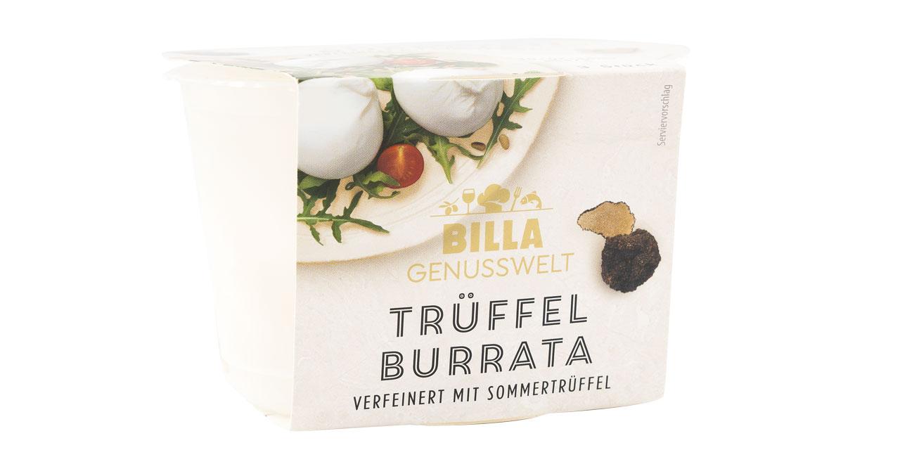 Eine Packung Billa Genusswelt Trüffel Burrata in weißer Kartonverpackung.. 
