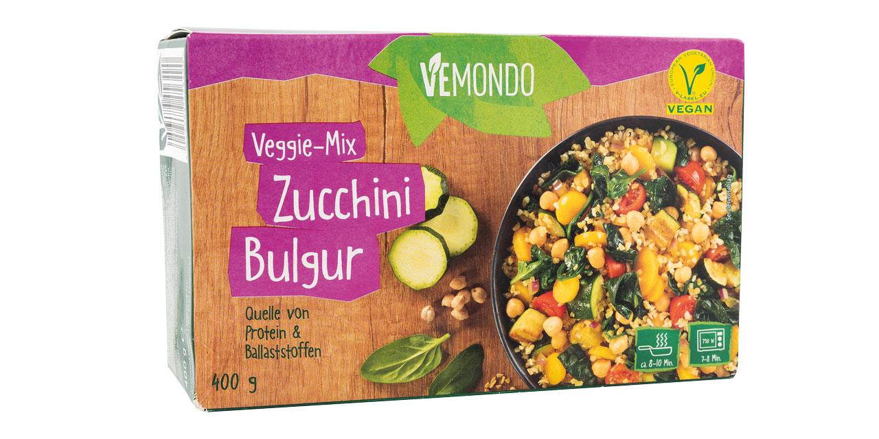 Eine Packung Vemondo Veggie-Mix Zucchini Bulgur mit abgebildeter Bowl. 