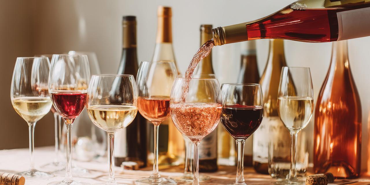 Viele Weingläser mit unterschiedlichen Weinen in unterschiedlichen Farben, eine Flasche schenkt gerade in ein Glas ein