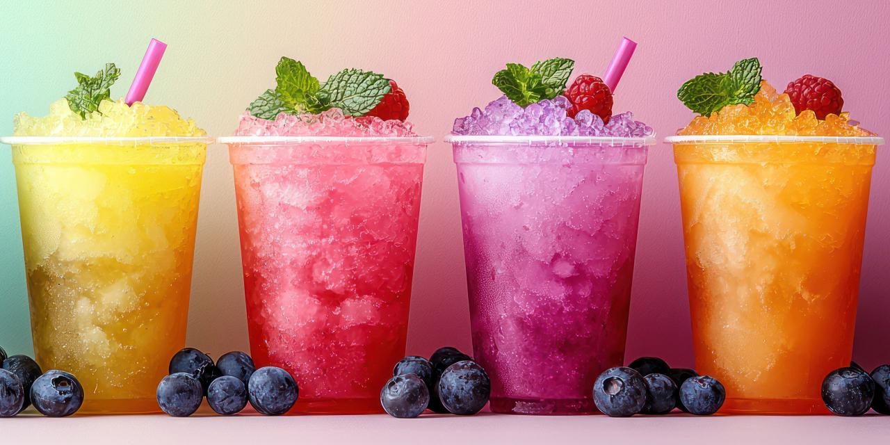 Vier bunte Sluh-Eis-Becher nebeneinander, als Deko dazwischen Heidelbeeren, bunter Hintergrund
