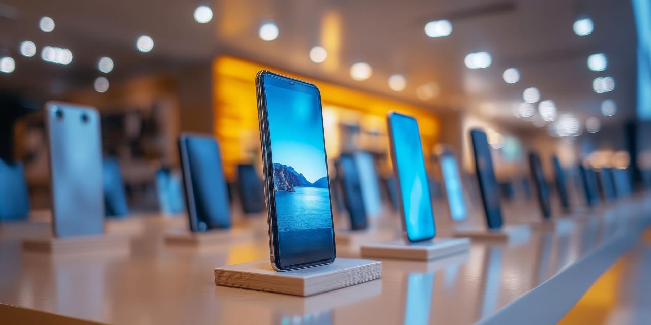 Eine große Anzahl an Smartphones ist in mehreren Reihen auf dem Verkaufstisch eines großen Elektronikgeschäftes ausgestellt