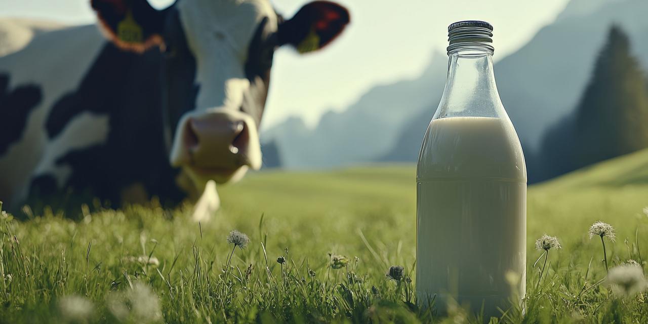Kuh auf der Wiese, im Vordergrund eine Milchflasche, Berge im Hintergrund