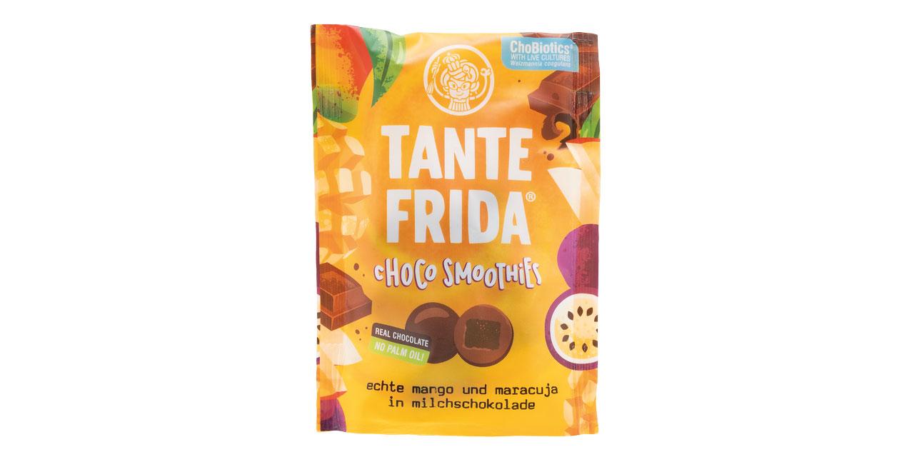 Eine Packung Tante Frida Choco Smoothies in gelbem Design mit abgebildeten Choco Smoothies vor weißem Hintergrund. 