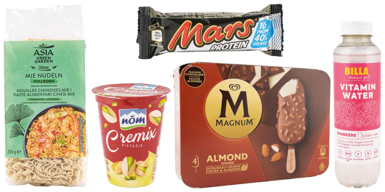 Konsume-Ente 2025 - Asia Green Garden Mie Nudeln Vollkorn, NÖM Cremix Pistazie, Eskimo Magnum, Mars Riegel Protein, Billa Vitamin Water Himbeere