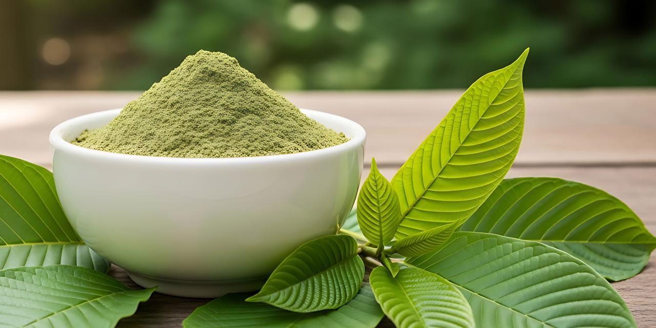weiße Schüssel mit grünem Pulver, darunter grüne Blätter, Schüssel steht auf Holzunterlage 