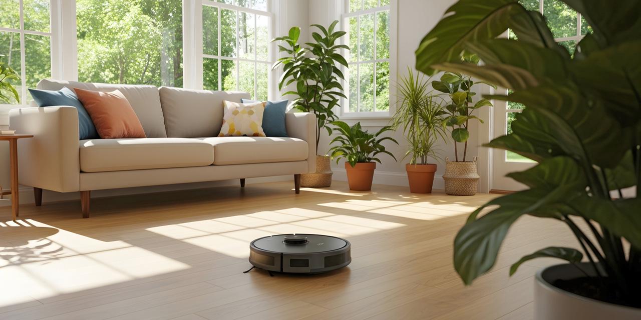 Saugroboter Test - Wischroboter auf Parkettboden vor hellem Sofa, im Hinter- und Vordergrund grüne Topfpflanzen