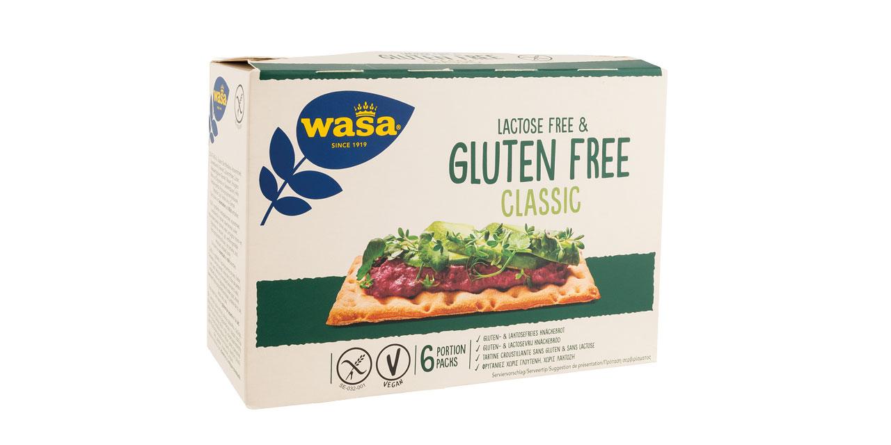 Eine Packung Wasa Classic lactose free & gluten free vor weißem Hintergrund. 