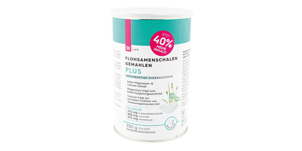 Eine Dose BI Life Flohsamenschalen gemahlen Plus vor weißem Hintergrund. 