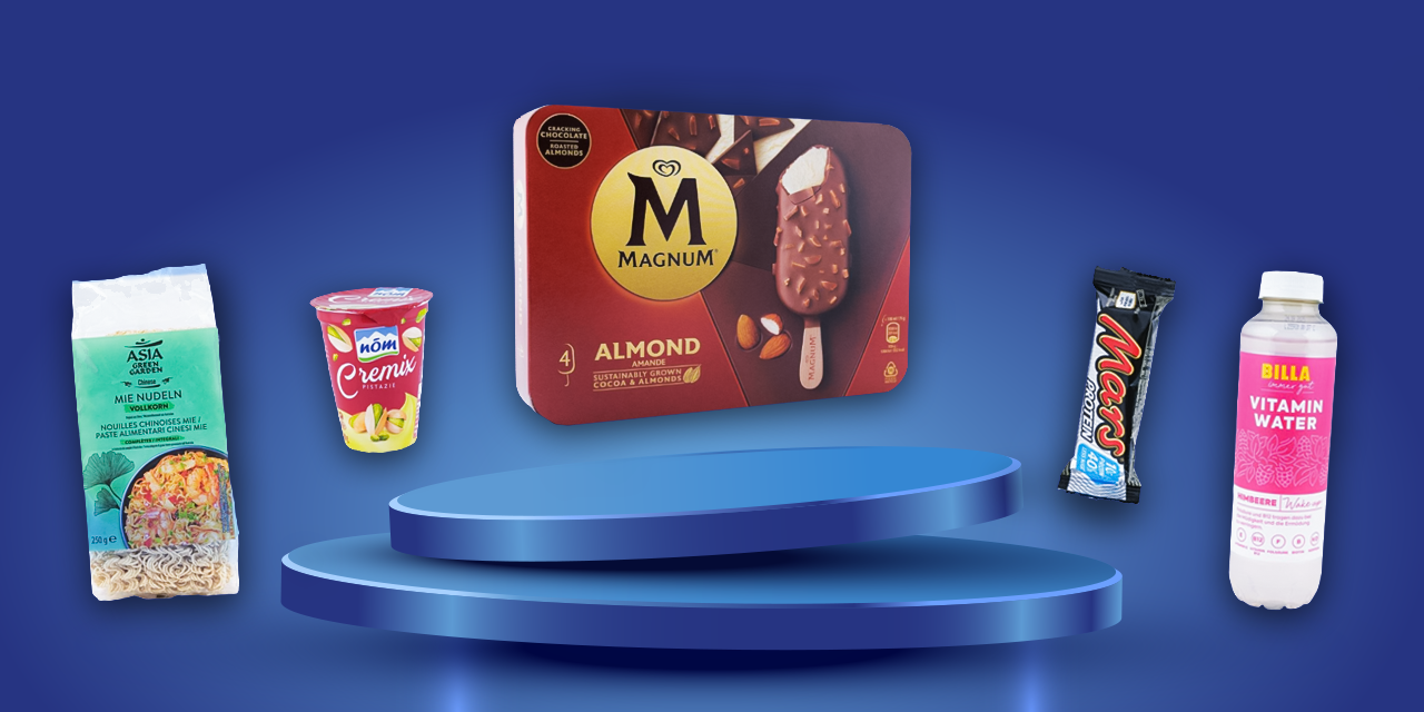 Konsume-Ente 2025 - Asia Green Garden Mie Nudeln Vollkorn, NÖM Cremix Pistazie, Eskimo Magnum, Mars Riegel Protein, Billa Vitamin Water Himbeere.