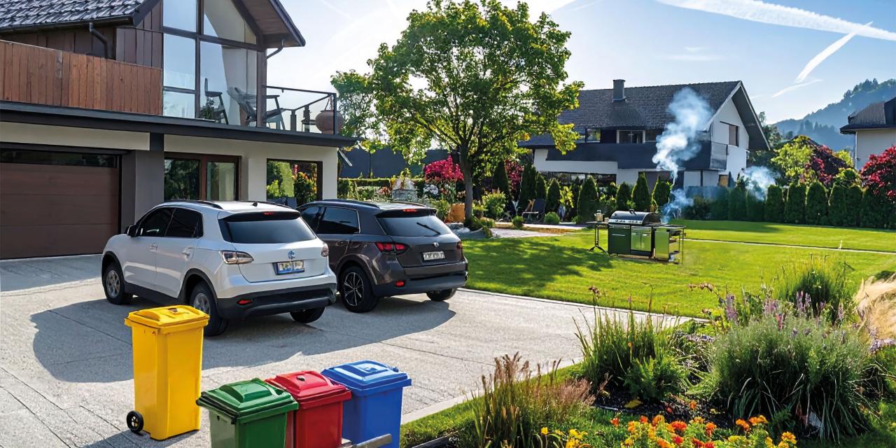 Vorstadt-Idylle: großes Haus, 2 SUV in der Einfahrt, großer Garten, BBQ und Mülltrennungs-Tonnen