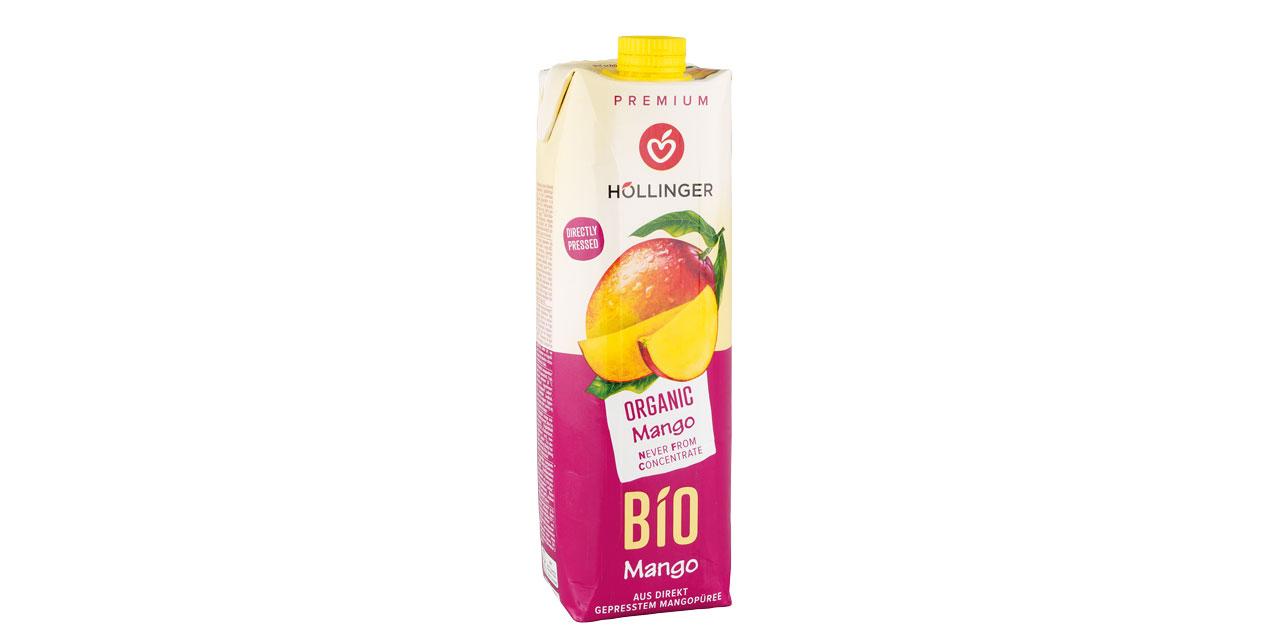Eine Packung Mango Nektar von Höllinger in pinkem und weißem Design mit abgebildeter Mango vor weißem Hintergrund. 