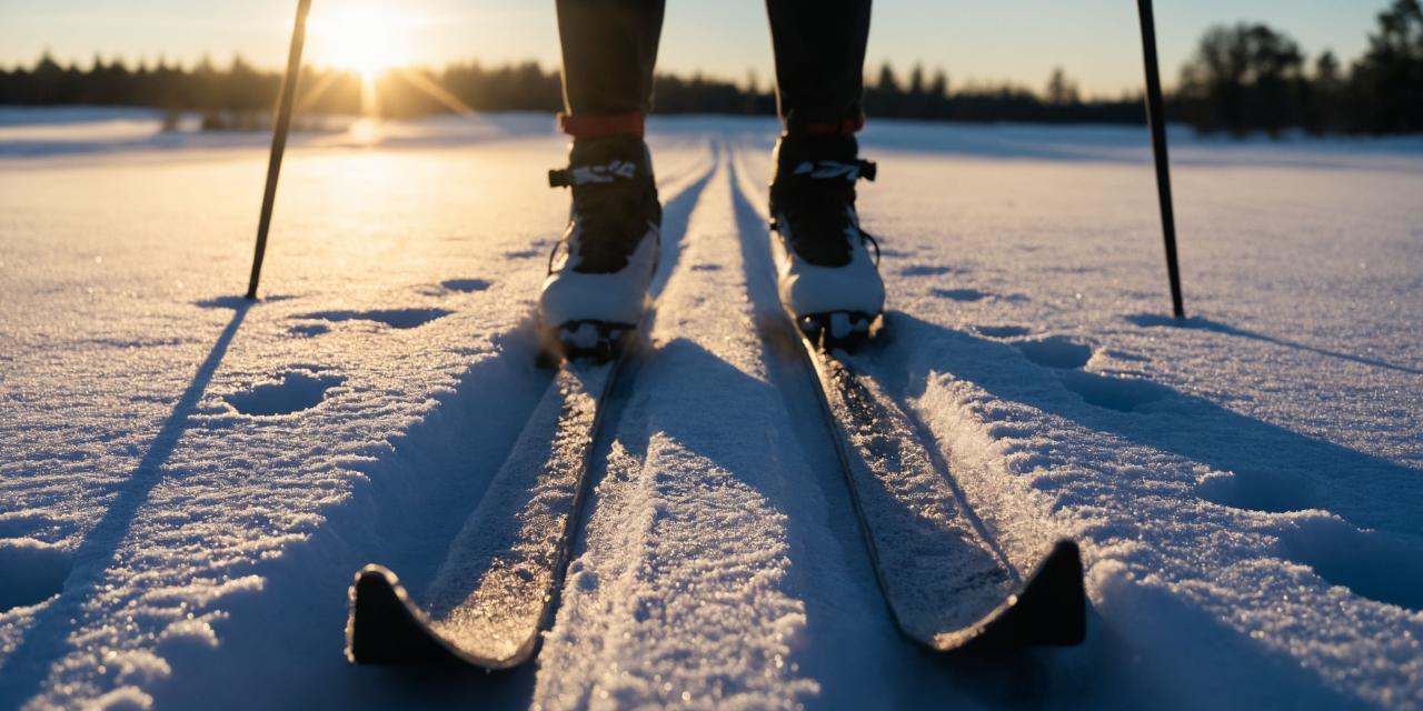 Die Kameraperspektive zeigt die Füße, die Ski und die Stockenden eines Skilangläufers, der im Gegenlicht auf der Loipe steht