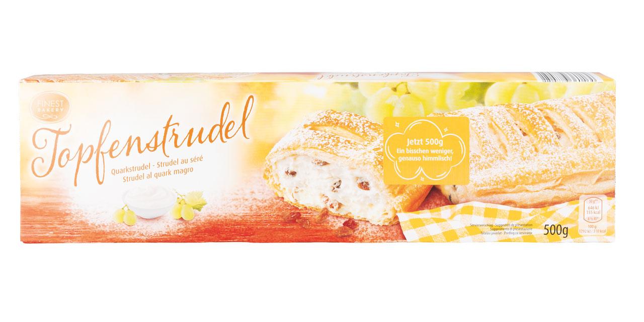 Verpackung Topfenstrudel Schauseite, Topfenstrudel in Lateinschrift angeführt, Strudelstück