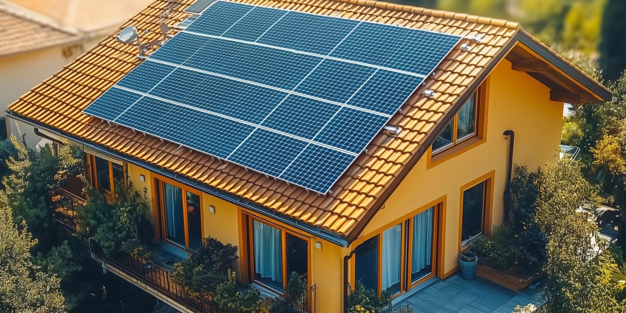 Haus mit Photovoltaikanlage am Dach, Sicht von oben