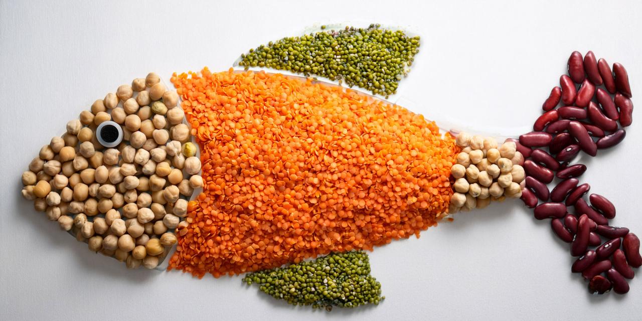 Ein Fisch dargestellt aus veganen Bestandteilen wie Hülsenfrüchten