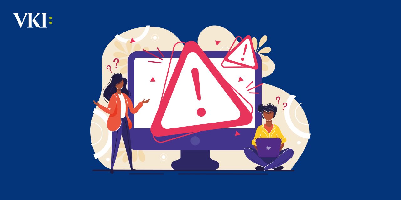 Symbolbild: Eine Grafik mit einem Computerbildschirm, aus dem mehrere Warnschilder schweben. Daneben zwei Personen.