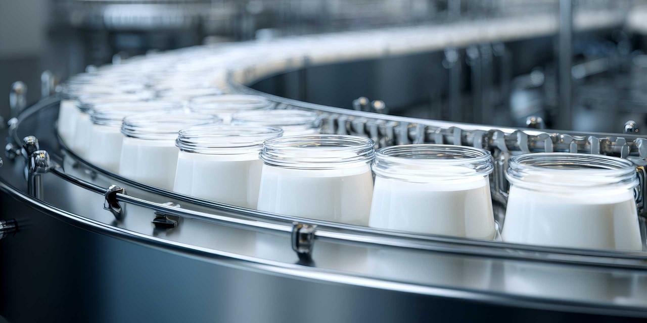 Joghurtgläser auf einem Laufband in der Molkerei