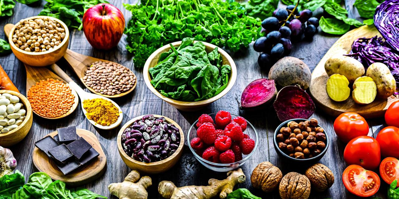 Tisch mit vielen bunten, gesunden pflanzlichen Nahrungsmitteln 