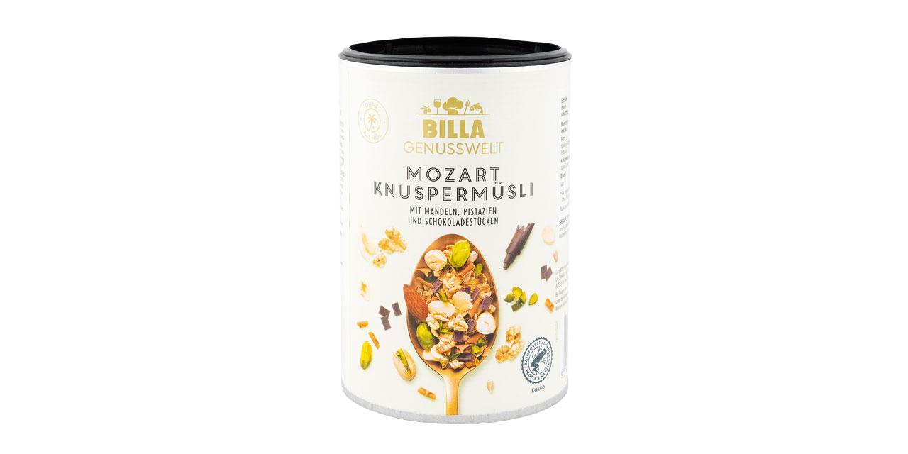Mozart Knuspermüsli Schauseite der Dose