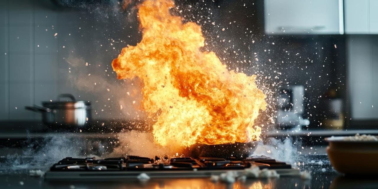 Über dem Herd schlagen Flammen empor, Rauchteilchen in der Luft, im Hintergrund eine Küchenzeile