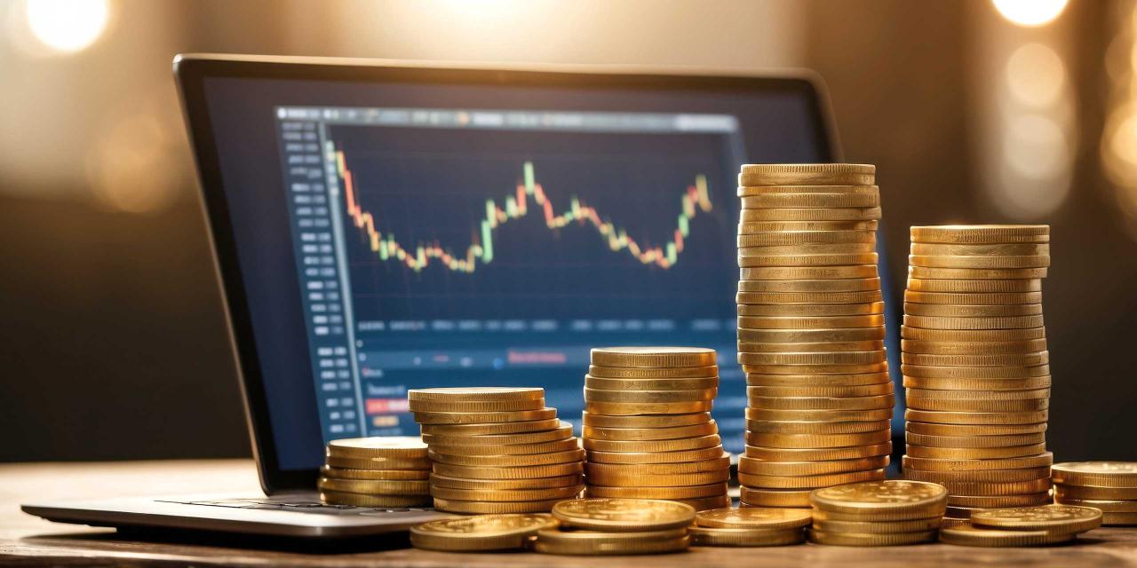 Im Vordergrund Goldmünzen, im Hintergrund Computer mit Chart die eine Wertentwicklung beschreibt