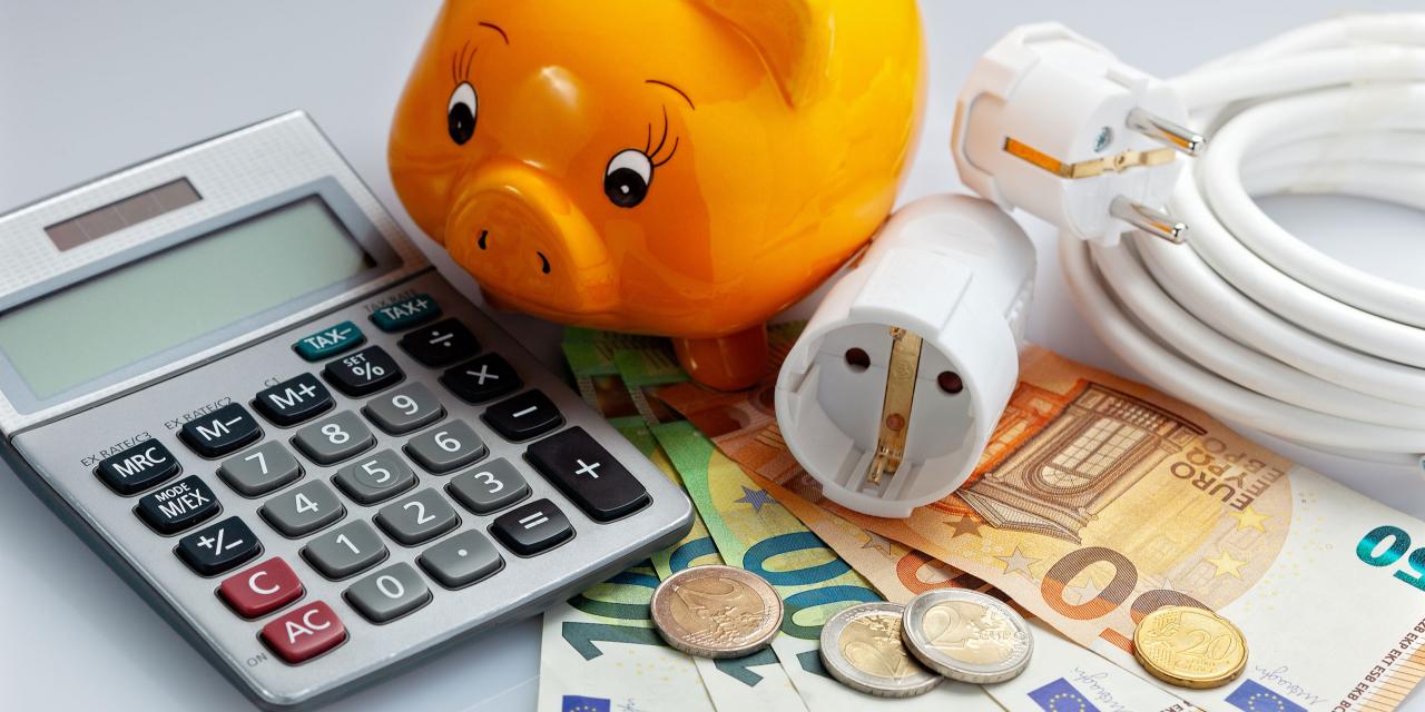 Taschenrechner, dahinter gelbes Sparschwein, Kabel mit Steckeröffnung, Papiergeld und Münzen