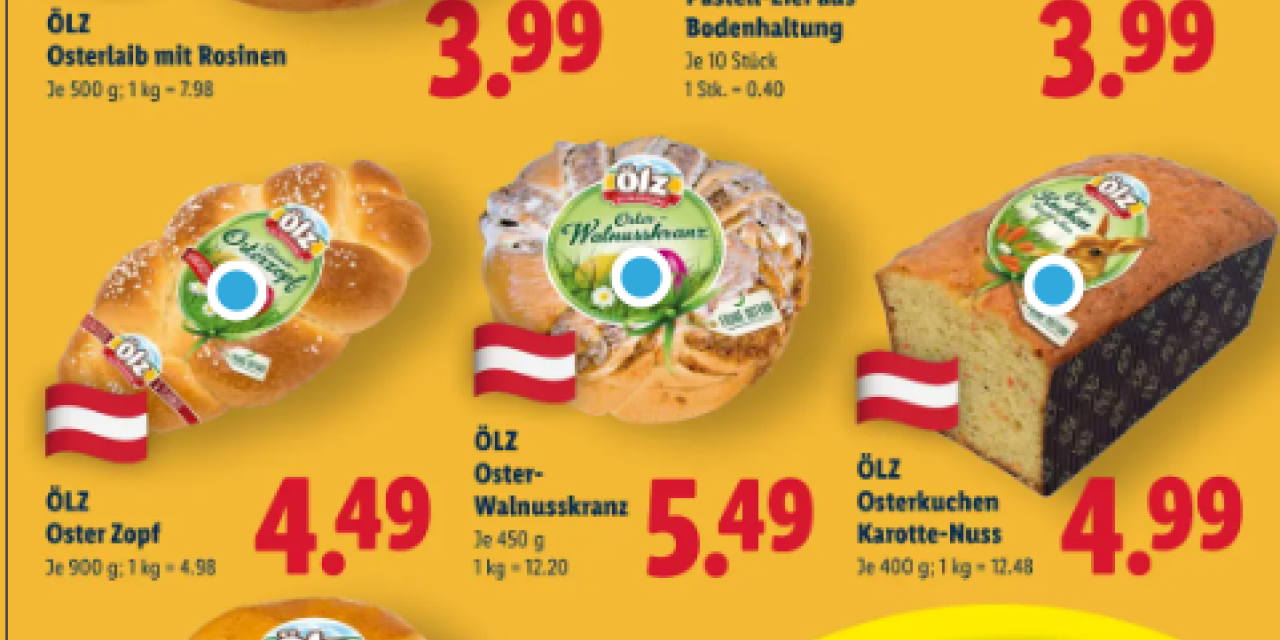 Ein Screenshot des Lidl-Prospekts: Neben diversen Ölz Backwaren ist eine Österreichflagge. 