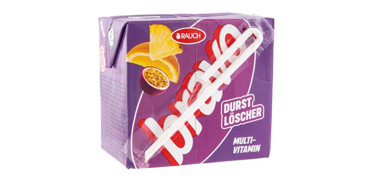 Das lila Saftpackerl des Rauch Bravo Durstlöschers