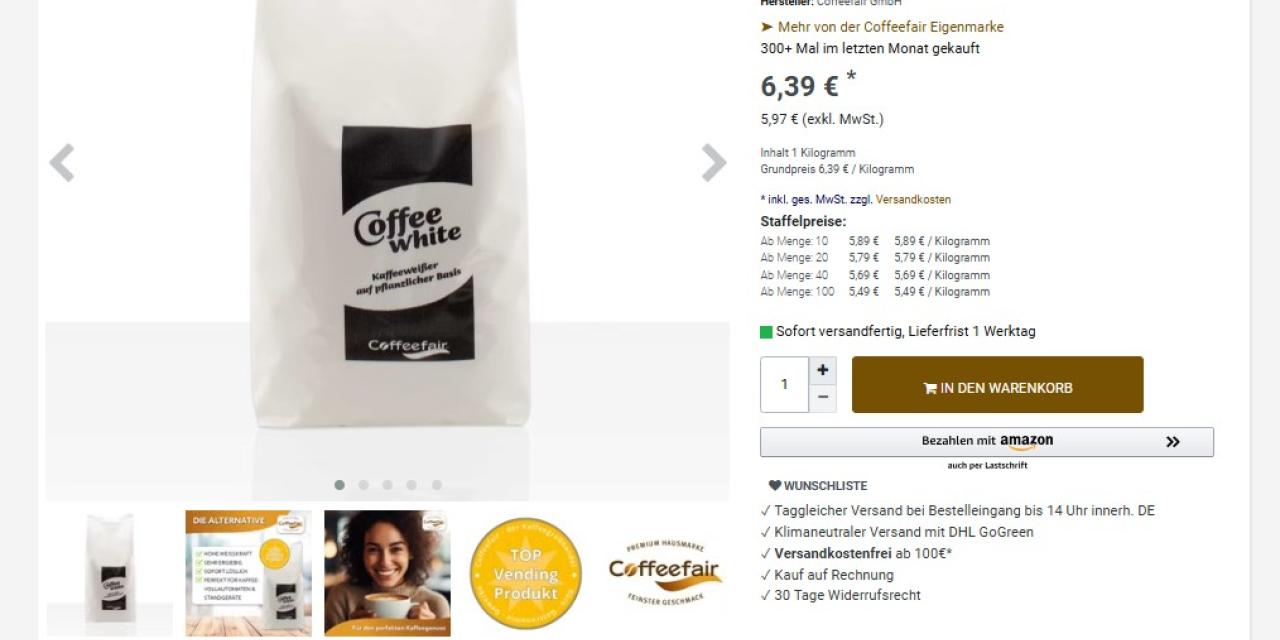 Coffeefair-Produktseite, Reiter „Zutaten“ geöffnet: Glukosesirup, ungehärtetes Pflanzenfett aus Kokos, Milchzucker, Milcheiweiß und Zusatzstoffe. Darunter der Hinweis, es würden ausschließlich Milch und Pflanzenfett verarbeitet.