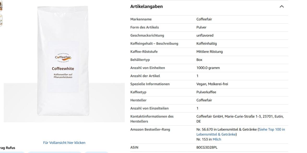 Screenshot der Amazon-Produktseite zu „Coffeefair Coffeewhite", einem Kaffeeweißer als Pulver. Rechts die Artikelangaben mit 1000 Gramm, der Angabe „Vegan, Molkerei-frei" und einer Bewertung von 4,1 von 5 Sternen aus 40 Bewertungen, links das Produktfoto des weißen Beutels.