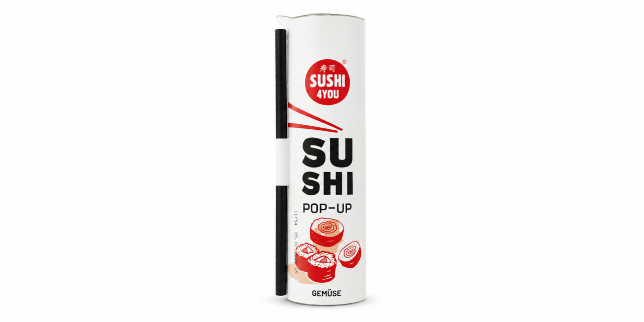 „Sushi Pop-Up" der Marke „Sushi 4You" in der Sorte „Gemüse", weiße zylindrische Tube mit rotem Logo und Maki-Illustration, daneben ein schwarzer Schiebestab.