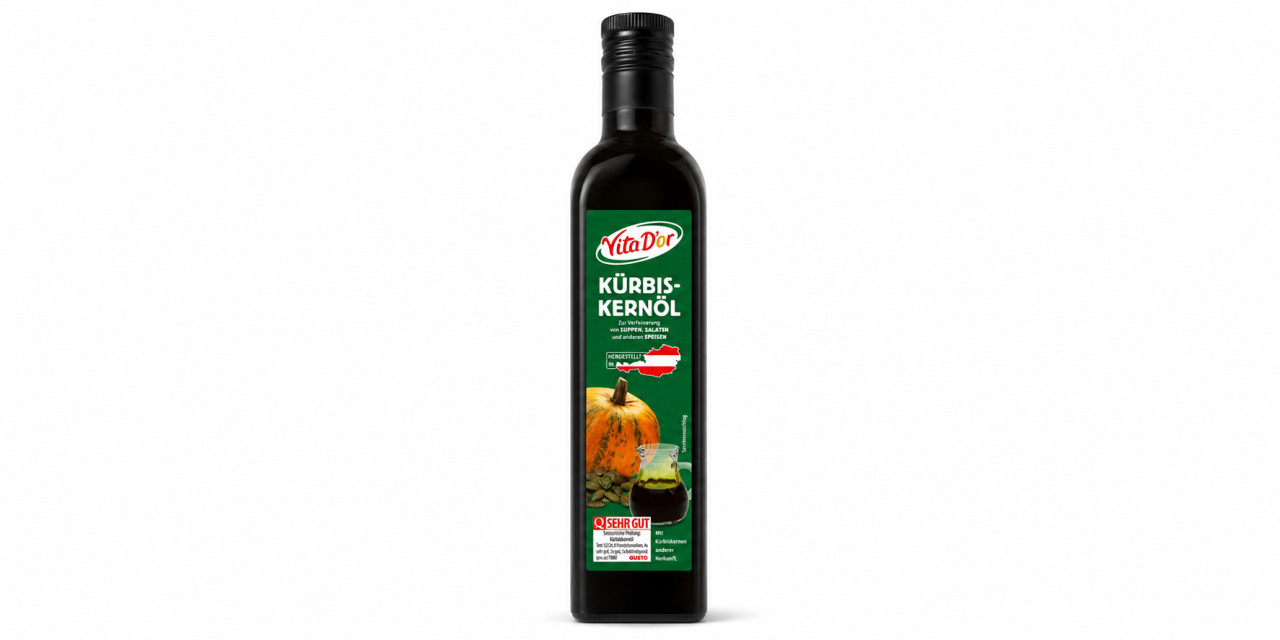 Vorderseite einer Flasche „Vita D'or" Kürbiskernöl von Lidl mit grünem Etikett, Abbildung von Kürbis und Kürbiskernen, dem Hinweis „Hergestellt in Österreich" und einem „Sehr gut"-Prüfsiegel. Auf dem Etikett steht „Mit Kürbiskernen anderer Herkunft".