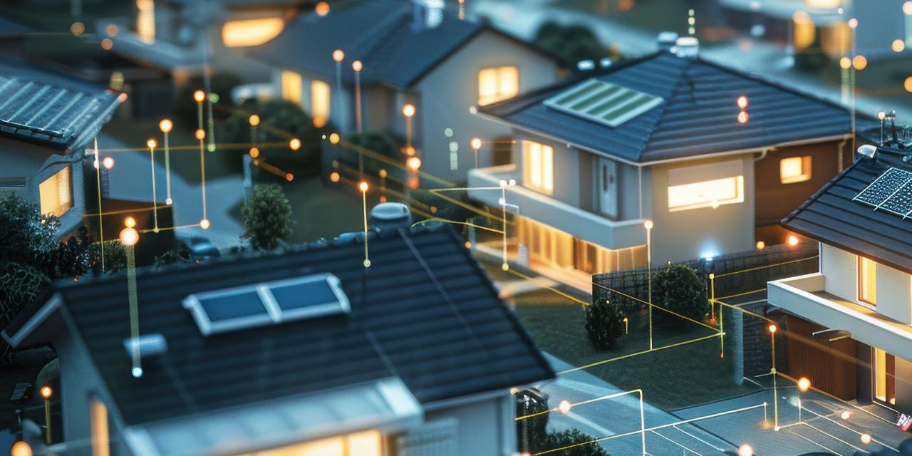 Beleuchtete Häuser mit Photovoltaikanlagen in der Nacht