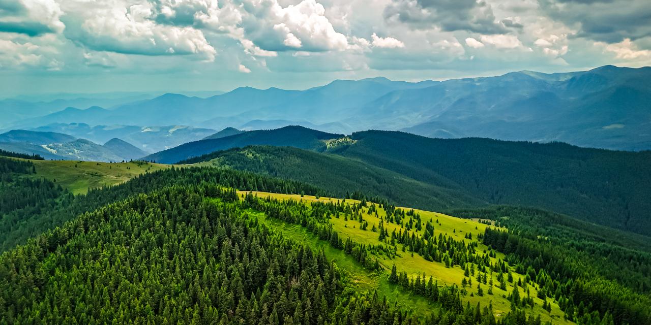 Weite Berglandschaft mit bewaldeten Hügeln und grünen Almwiesen unter einem wolkenverhangenen Himmel. Sonnenstrahlen fallen auf einzelne Bereiche der Landschaft.