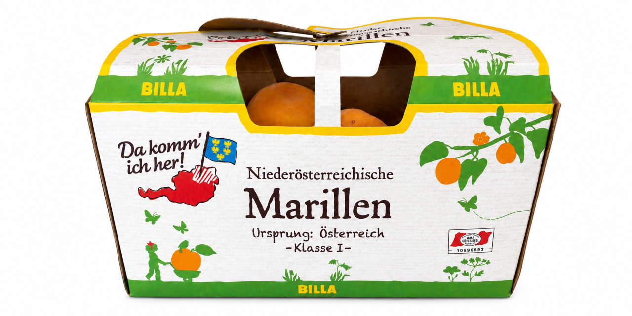 Tragekarton „Niederösterreichische Marillen" von „BILLA", Ursprung Österreich, Klasse I, mit dem Herkunftslogo „Da komm' ich her!", AMA-Gütesiegel und Marillen im Sichtfenster.