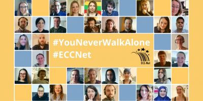 Collage of staff photos of the ECC-Net with slogan "You never walk alone".