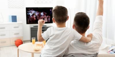 Vater und Sohn jubeln vor dem TV-Gerät