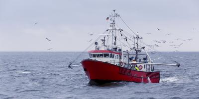 Roter Fischkutter auf dem Meer