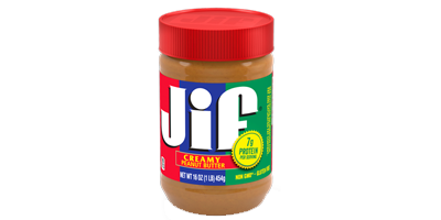 Ein Glas Jif-Erdnussbutter als Beispiel