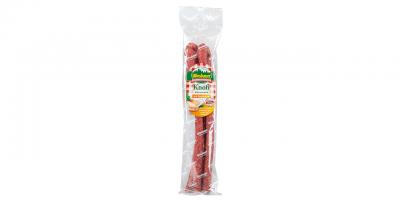 Wiesbauer Knofi Rohwurstsnack: Wurst in länglicher durchsichter Verpackung.