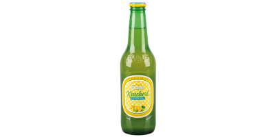 Gösser Kracherl: Flasche mit gelbem Etikett, Vorderansicht.